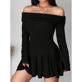 [Plus Size Party Dress] Plus Size Elegant Formal Party Dress | Flared Skirt, Offshoulder Neckline, Black Evening Gown for Women | Machine Washable, Comfortable Fit, Stylish Outfit, Fashion Lovers, Special Occasion, Everyday Outfits