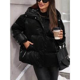 Plus Size - Plus Size Women'S Elegant Hooded Winter Coat - Warm Zip-Up Jacket with Long Sleeves, Solid Color Regular Fit for Cold Weather, Stylish Outdoor & Casual Wear, Winter Coats, Cold Weather Apparel, Sleek Design, Structured Design