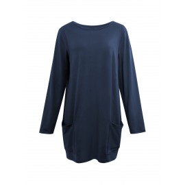[Long Sleeve Tunic Top] Women's Long Sleeve Tunic Top - Relaxed Fit, Side Pockets, Easy-Care, Breathable Material, Versatile Shirt for Office, Errands, Outings, Casual Everyday Blouse, Minimalist Style, Simple Elegant Design, Comfortable Wear