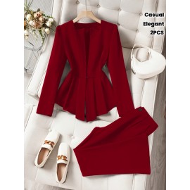 2pcs Set: Elegant Solid Color Ruffle Hem Blazer and Flared Pants, Casual Business Outfit