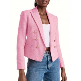 Double Breasted Cropped Blazer, Stylish Lapel Neck Open Front Long Sleeve Business Suit For Spring & Fall, Women's Clothing