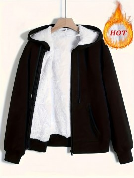 Plus Size Women's Cozy Fleece-Lined Jacket with Hood - Solid Color, Drawstring, Long Sleeves & Zipper - Perfect for Fall/Winter Warmth